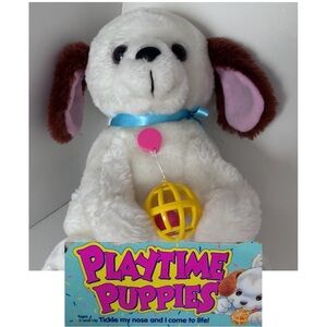 1994 Tyco Playtime Puppies Barking Playing Toy Plush Dog, White/Brown ears WORKS